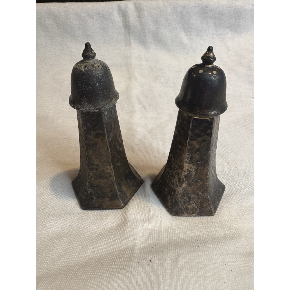 Vintage 1926 Hammered Salt and Pepper Shakers Antique Hexagonal USA Pat 2874